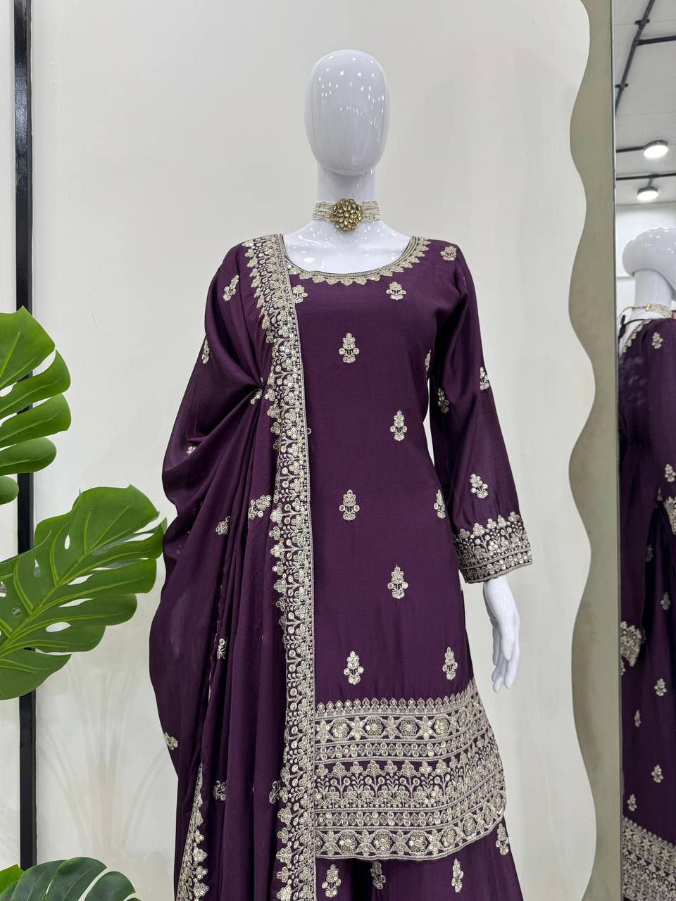 Purple Elegant Chinon Silk Ensemble – Top, Plazo & Dupatta