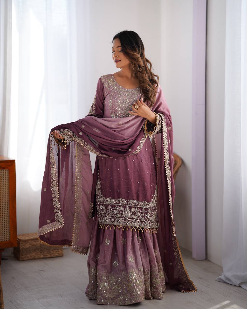 Purple Elegant Chinon Silk Ensemble – Top, Plazo & Dupatta
