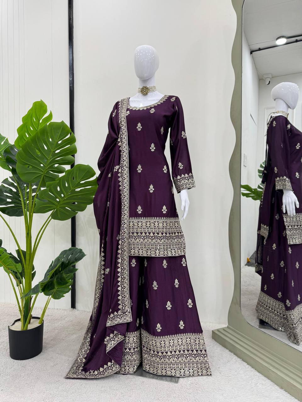 Purple Elegant Chinon Silk Ensemble – Top, Plazo & Dupatta