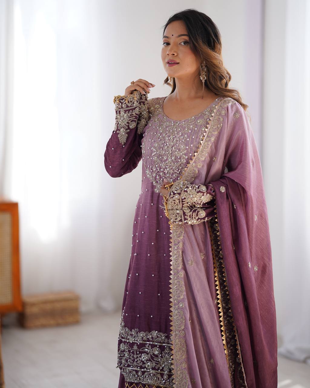 Purple Elegant Chinon Silk Ensemble – Top, Plazo & Dupatta
