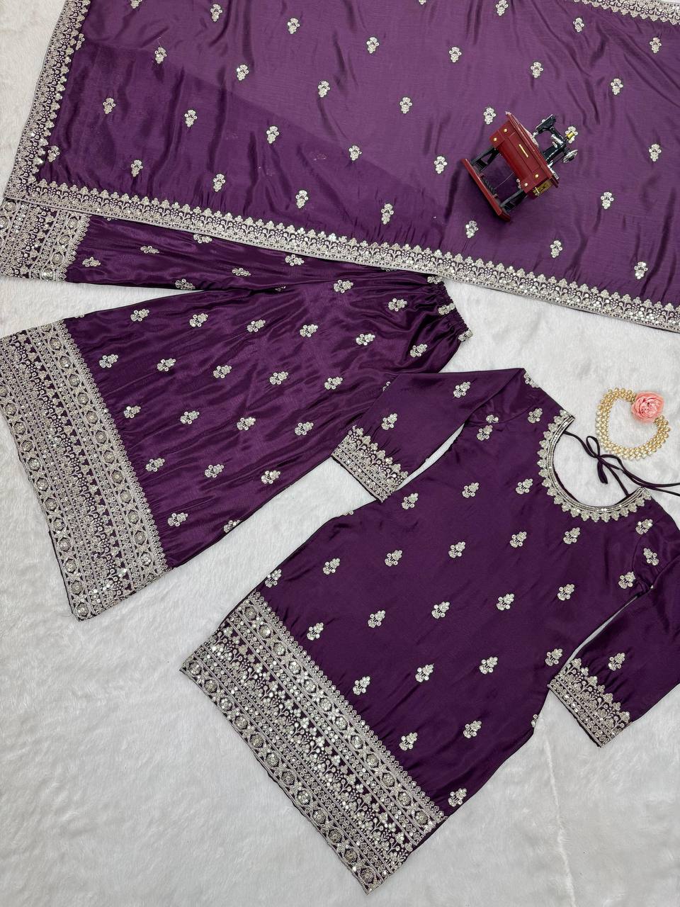 Purple Elegant Chinon Silk Ensemble – Top, Plazo & Dupatta