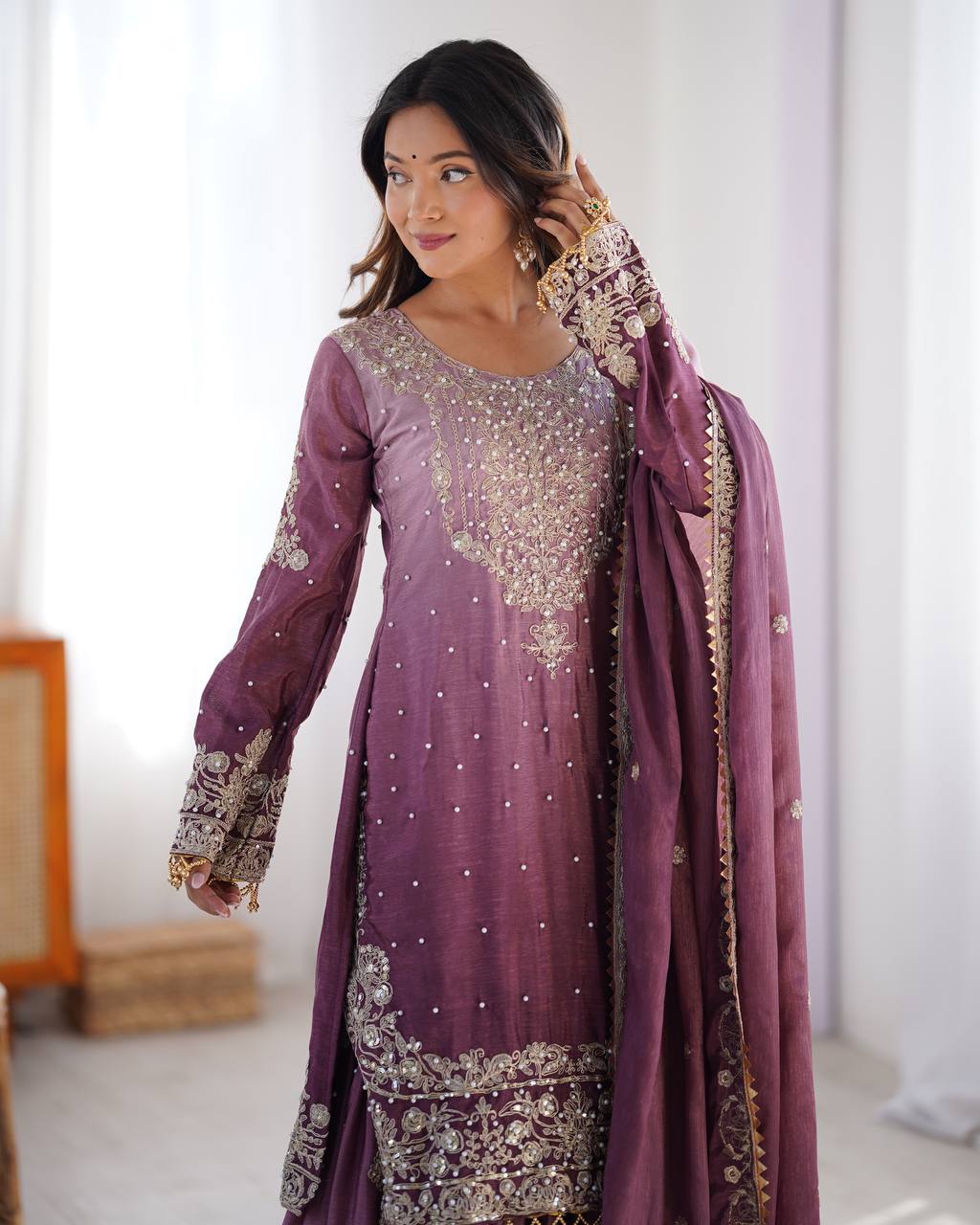 Purple Elegant Chinon Silk Ensemble – Top, Plazo & Dupatta