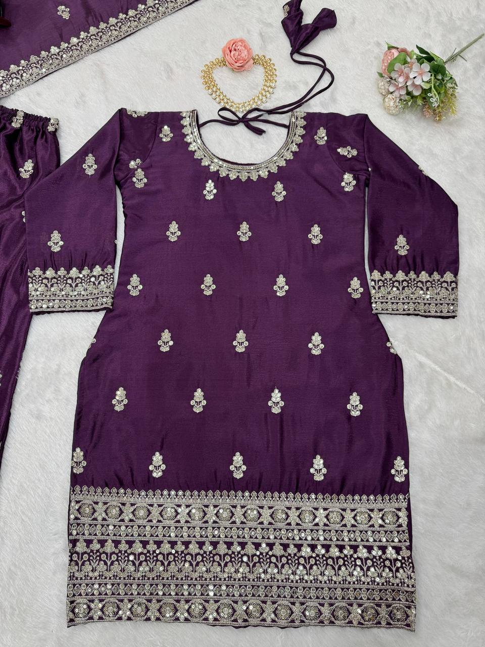 Purple Elegant Chinon Silk Ensemble – Top, Plazo & Dupatta
