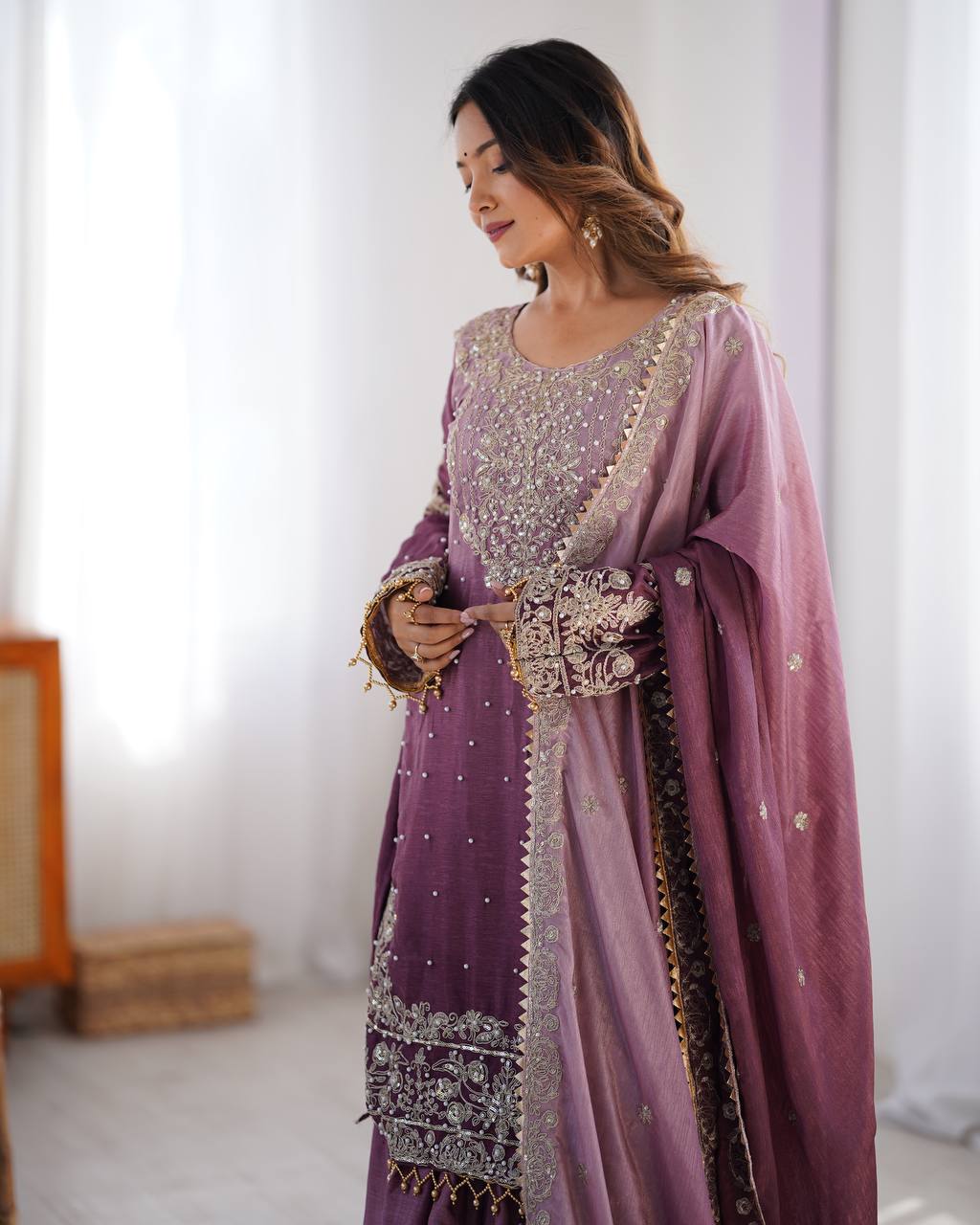 Purple Elegant Chinon Silk Ensemble – Top, Plazo & Dupatta