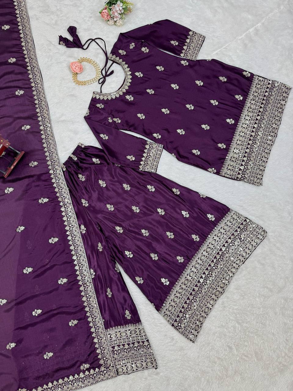 Purple Elegant Chinon Silk Ensemble – Top, Plazo & Dupatta