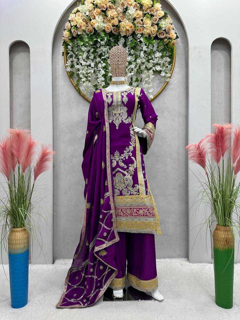 Purple Elegant Chinon Silk Plazo Set with Thread, Sequin & Coding Dori Work