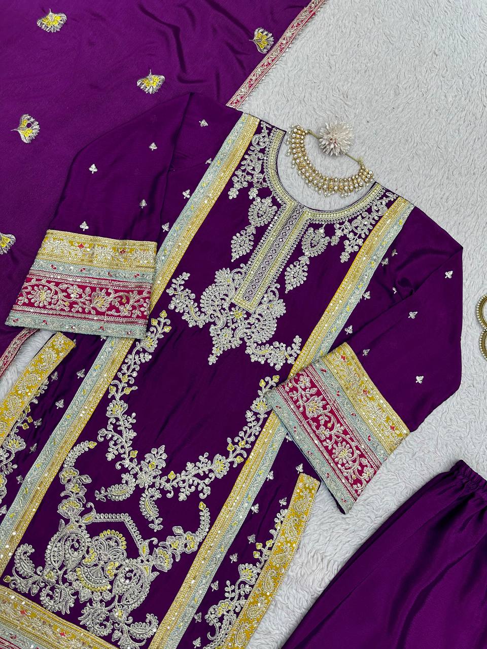 Purple Elegant Chinon Silk Plazo Set with Thread, Sequin & Coding Dori Work