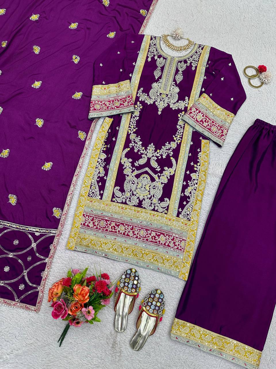 Purple Elegant Chinon Silk Plazo Set with Thread, Sequin & Coding Dori Work