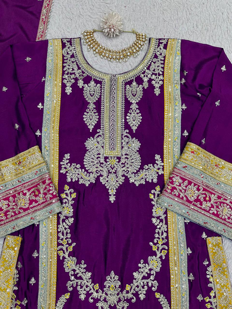 Purple Elegant Chinon Silk Plazo Set with Thread, Sequin & Coding Dori Work