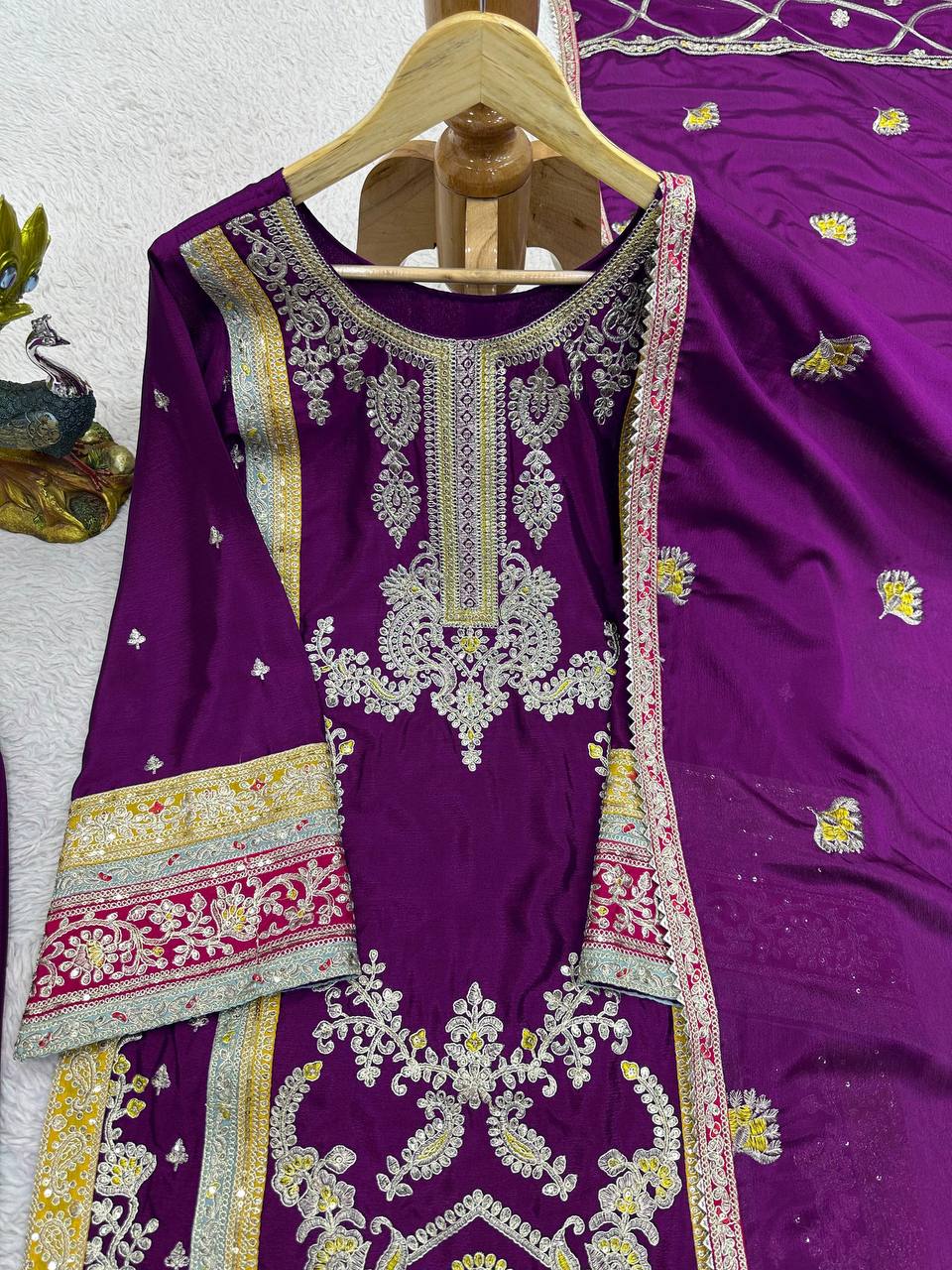 Purple Elegant Chinon Silk Plazo Set with Thread, Sequin & Coding Dori Work
