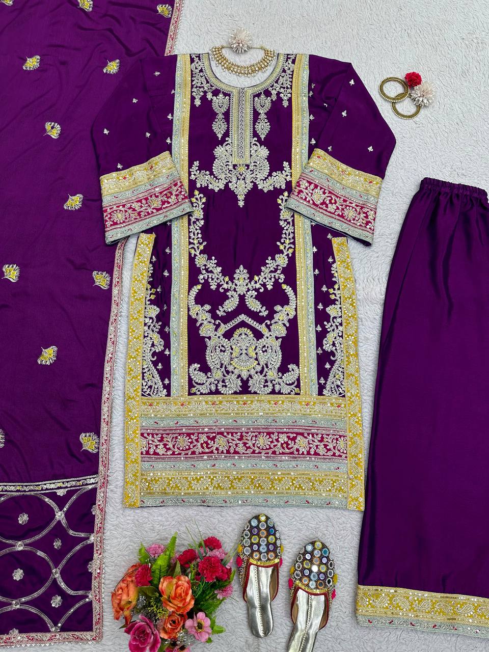 Purple Elegant Chinon Silk Plazo Set with Thread, Sequin & Coding Dori Work