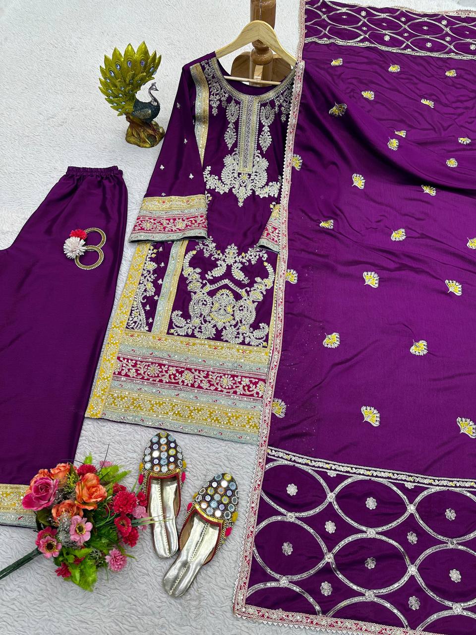 Purple Elegant Chinon Silk Plazo Set with Thread, Sequin & Coding Dori Work