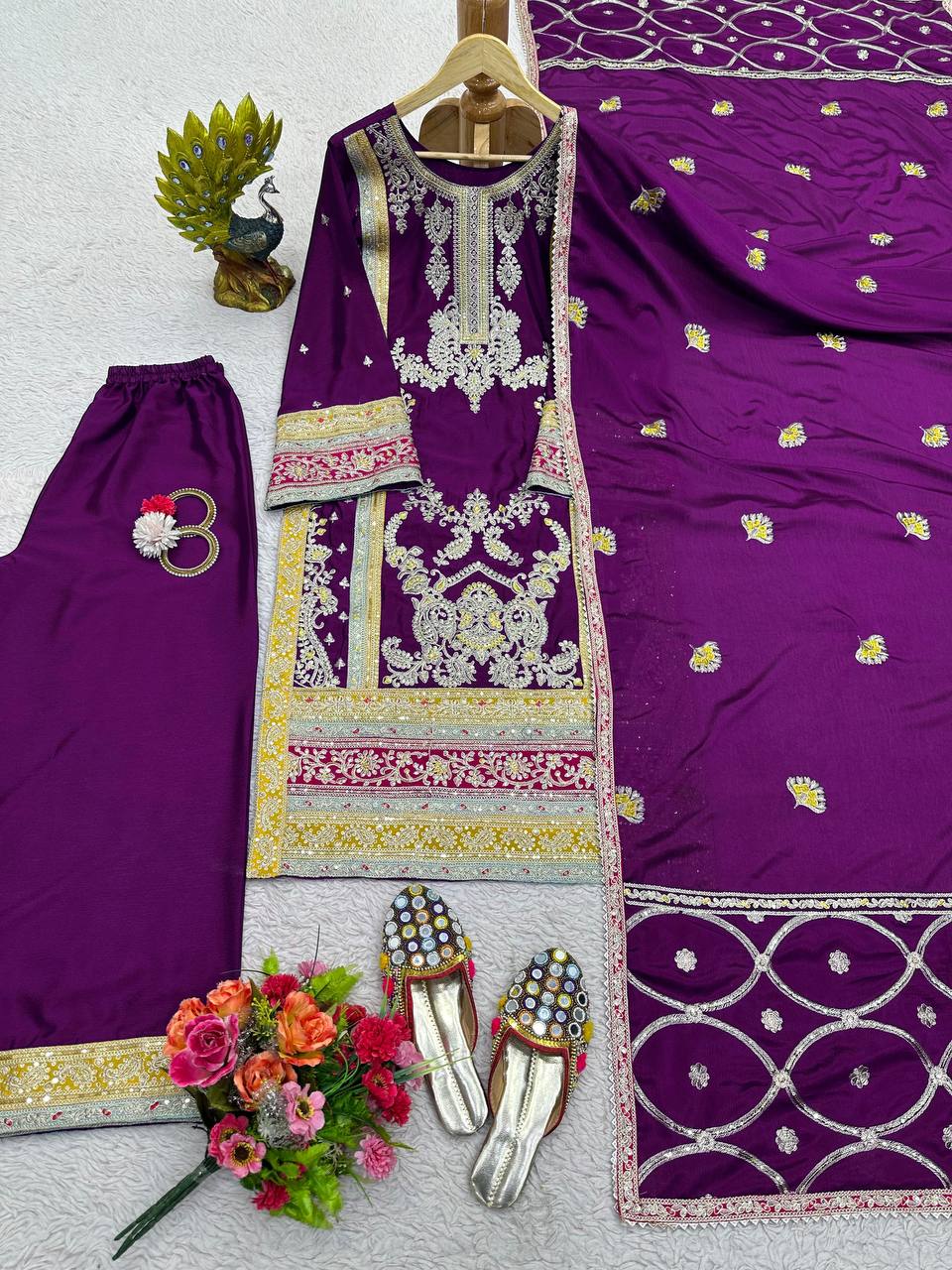 Purple Elegant Chinon Silk Plazo Set with Thread, Sequin & Coding Dori Work