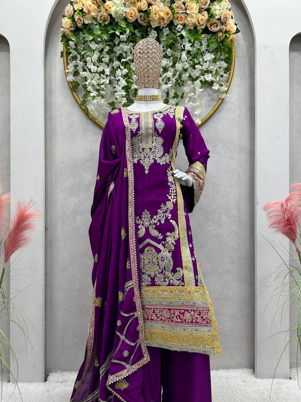 Purple Elegant Chinon Silk Plazo Set with Thread, Sequin & Coding Dori Work
