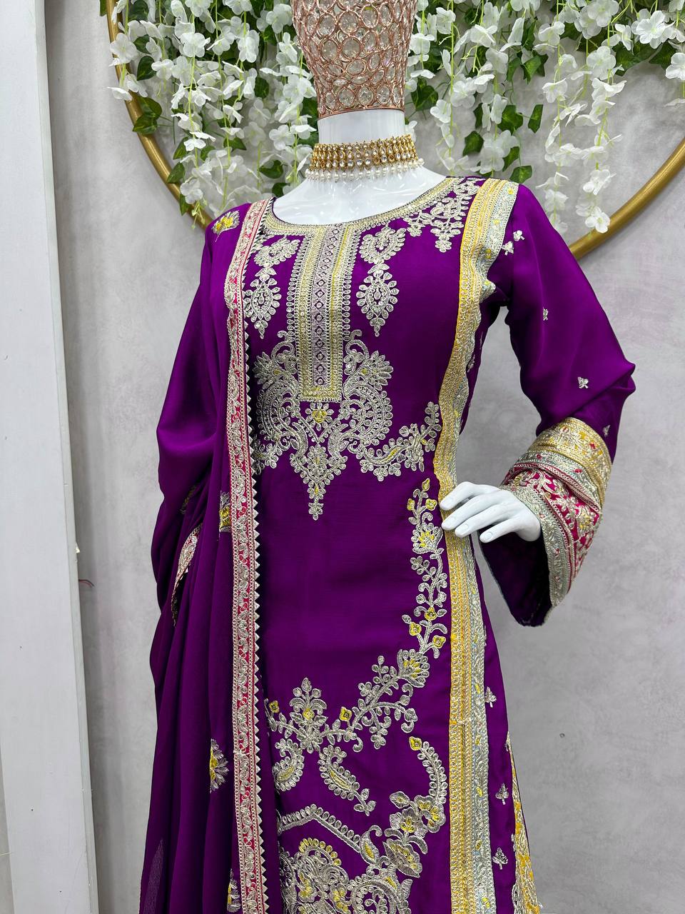 Purple Elegant Chinon Silk Plazo Set with Thread, Sequin & Coding Dori Work