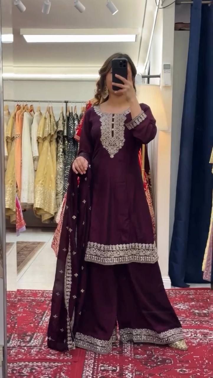 Purple Elegant Chinon Silk Sequin Embroidered Suit Set with Dupatta