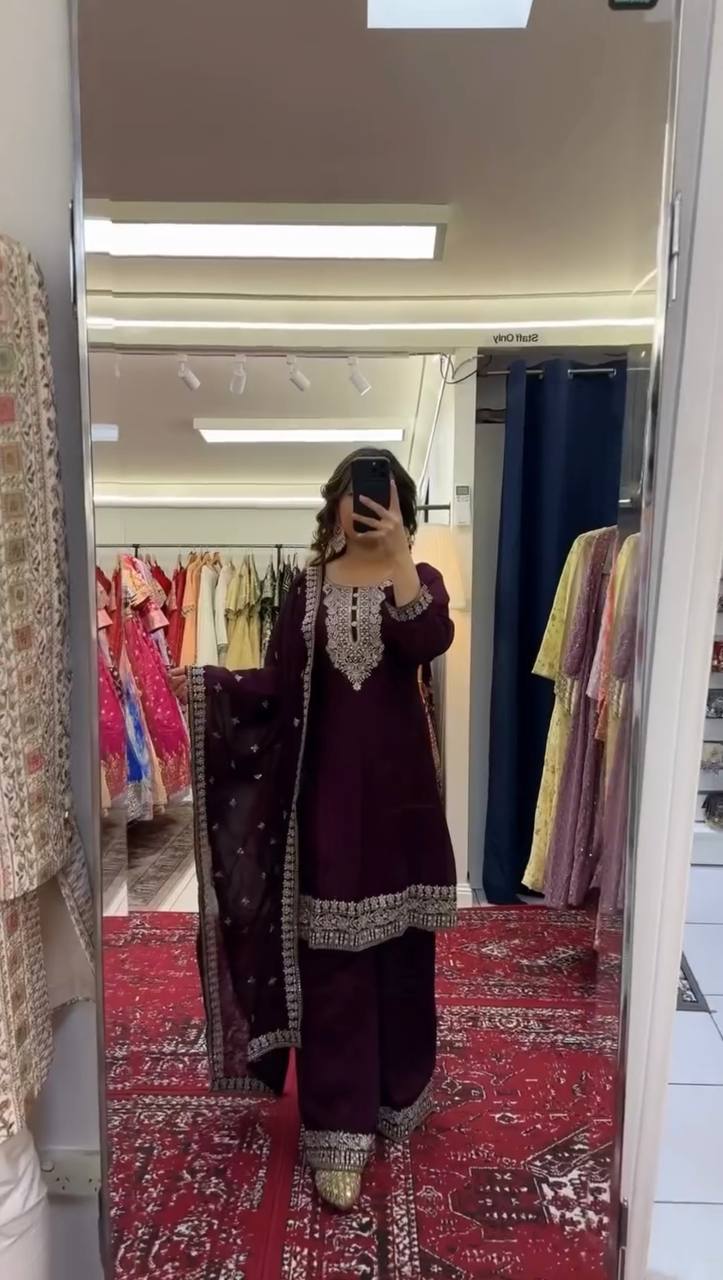 Purple Elegant Chinon Silk Sequin Embroidered Suit Set with Dupatta
