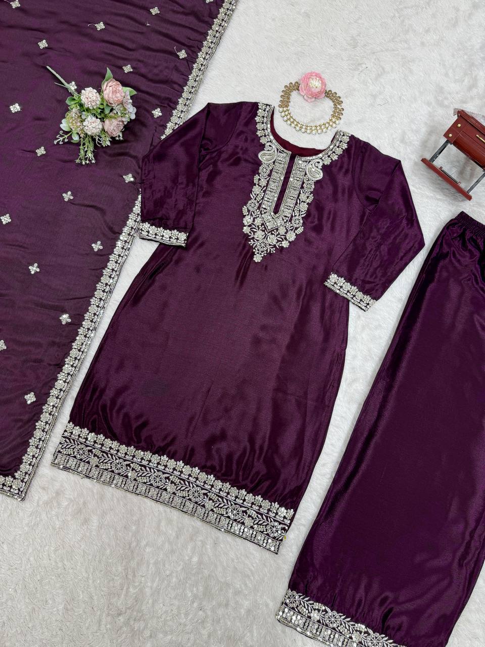 Purple Elegant Chinon Silk Sequin Embroidered Suit Set with Dupatta