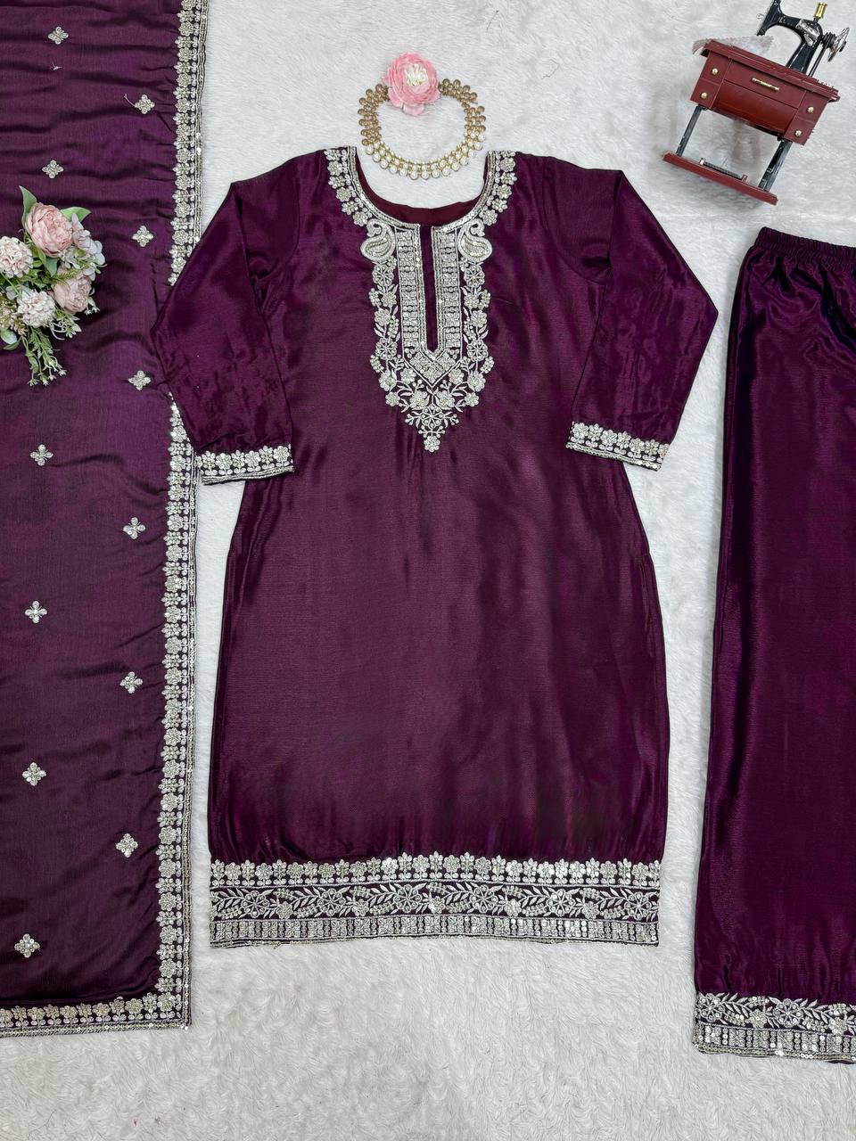 Purple Elegant Chinon Silk Sequin Embroidered Suit Set with Dupatta