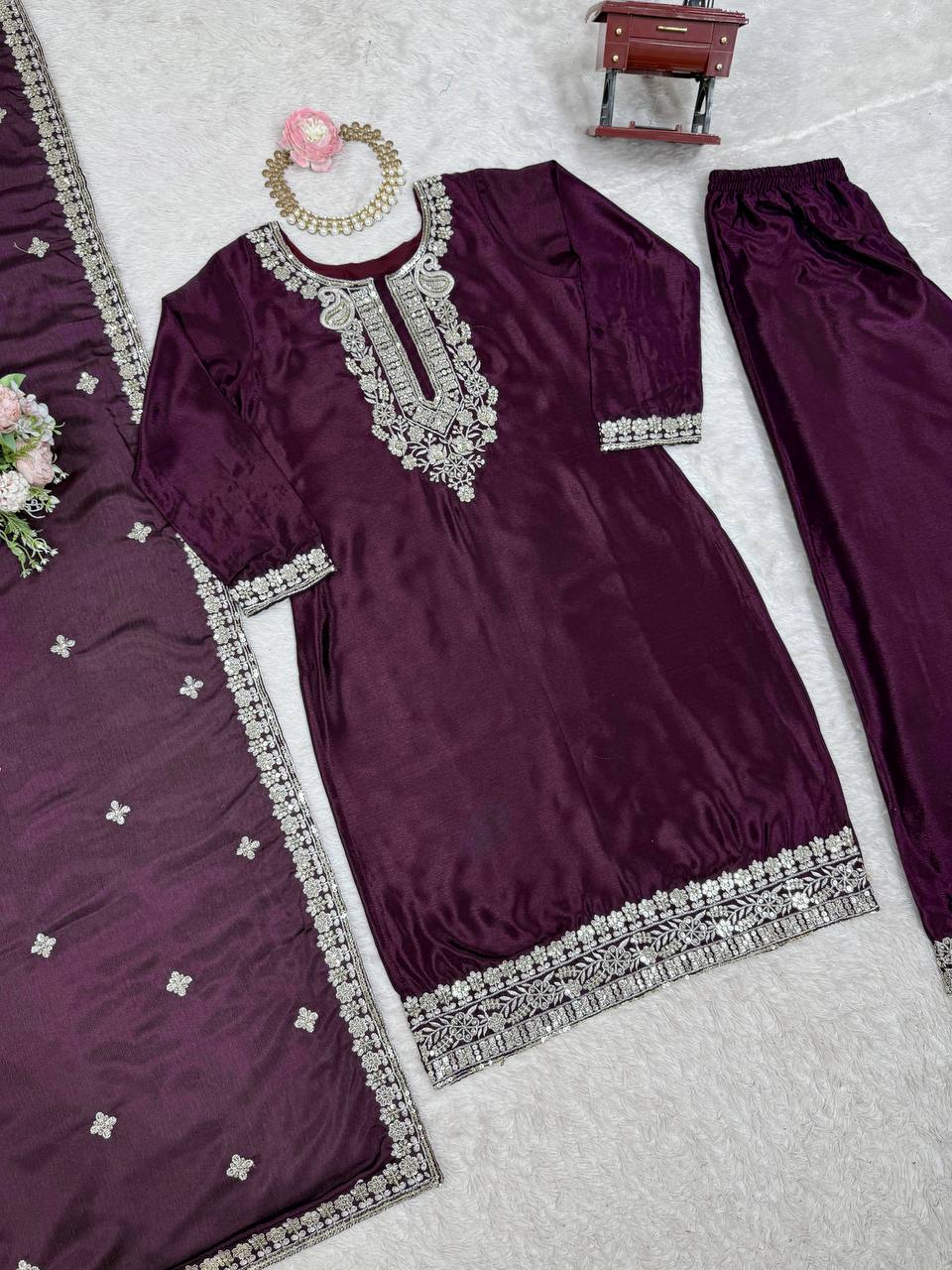 Purple Elegant Chinon Silk Sequin Embroidered Suit Set with Dupatta