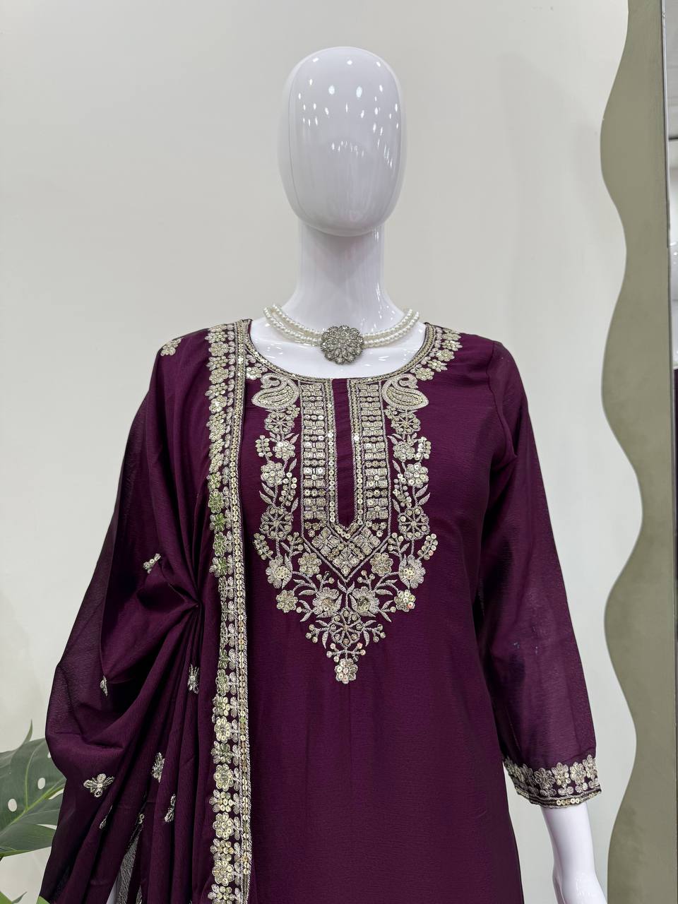 Purple Elegant Chinon Silk Sequin Embroidered Suit Set with Dupatta