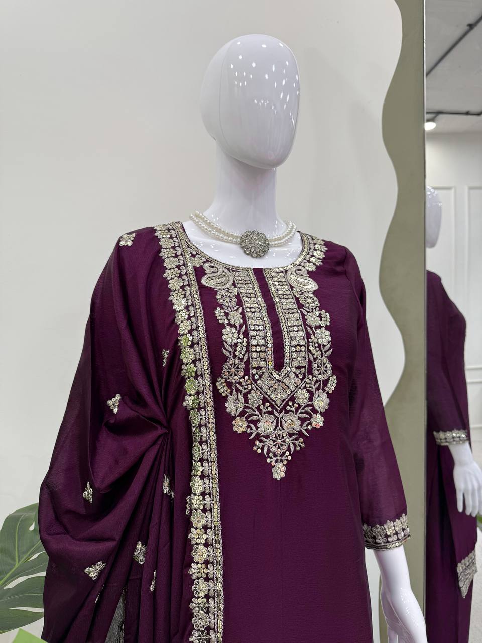 Purple Elegant Chinon Silk Sequin Embroidered Suit Set with Dupatta