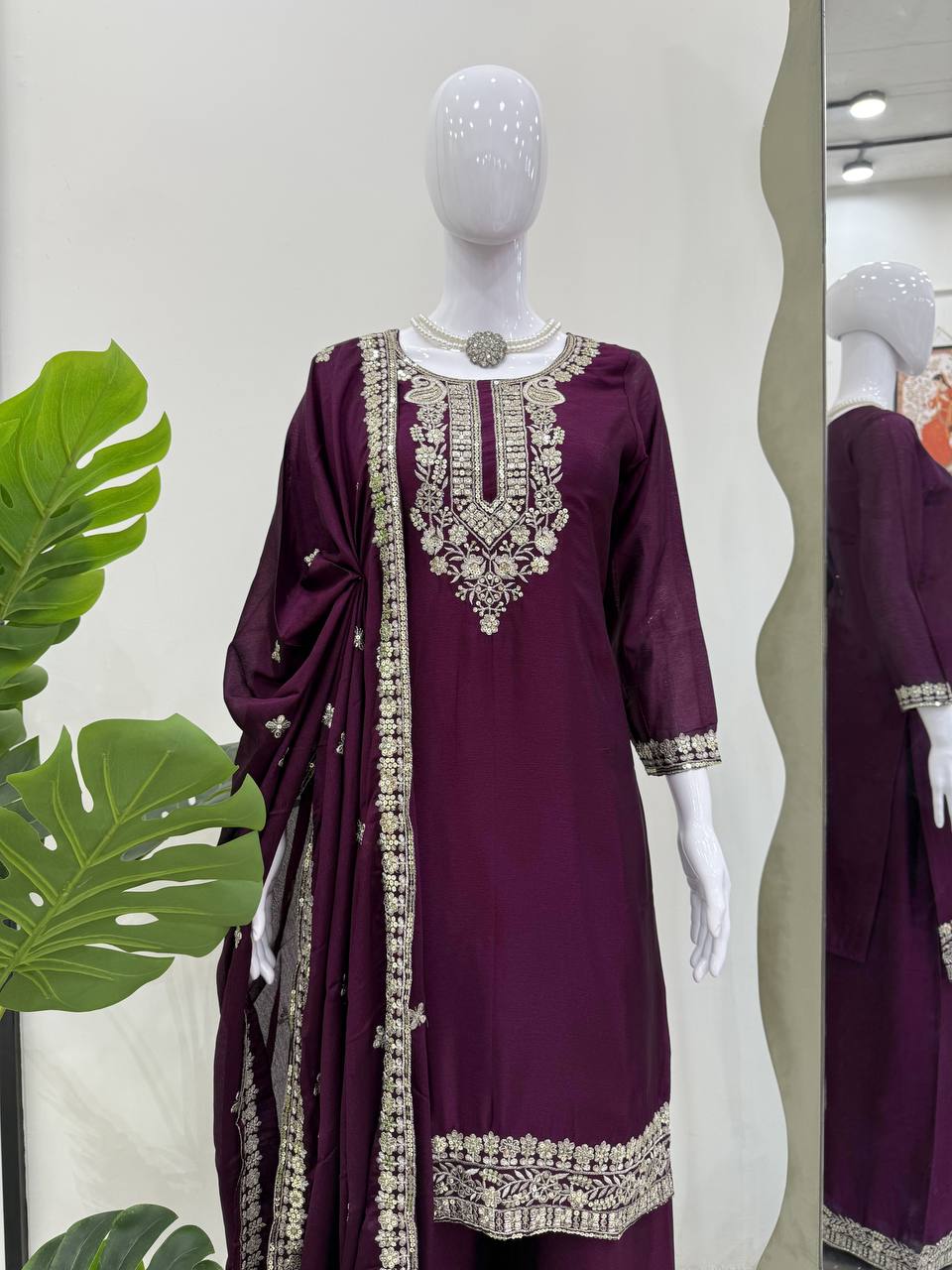 Purple Elegant Chinon Silk Sequin Embroidered Suit Set with Dupatta