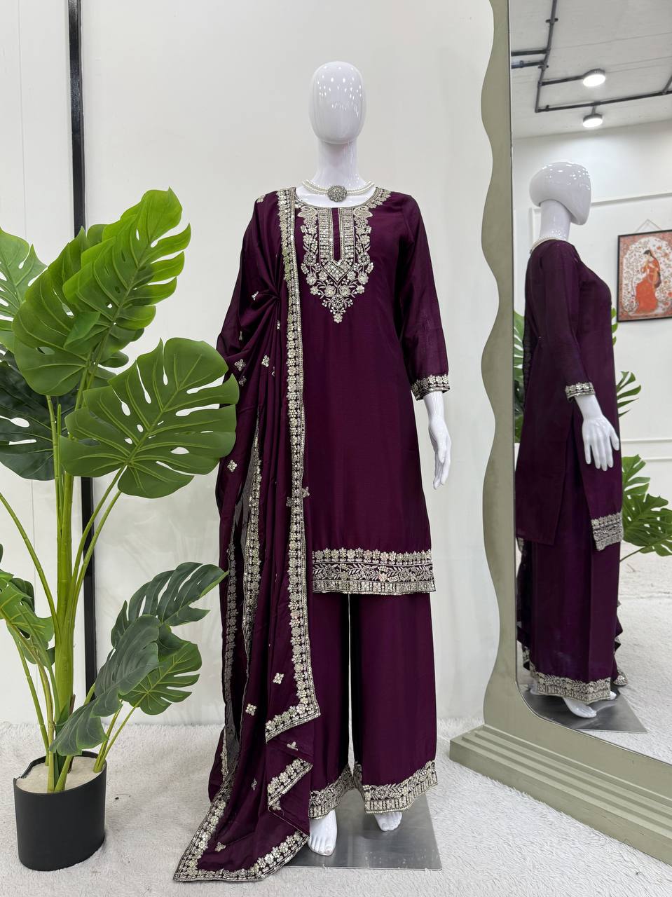 Purple Elegant Chinon Silk Sequin Embroidered Suit Set with Dupatta
