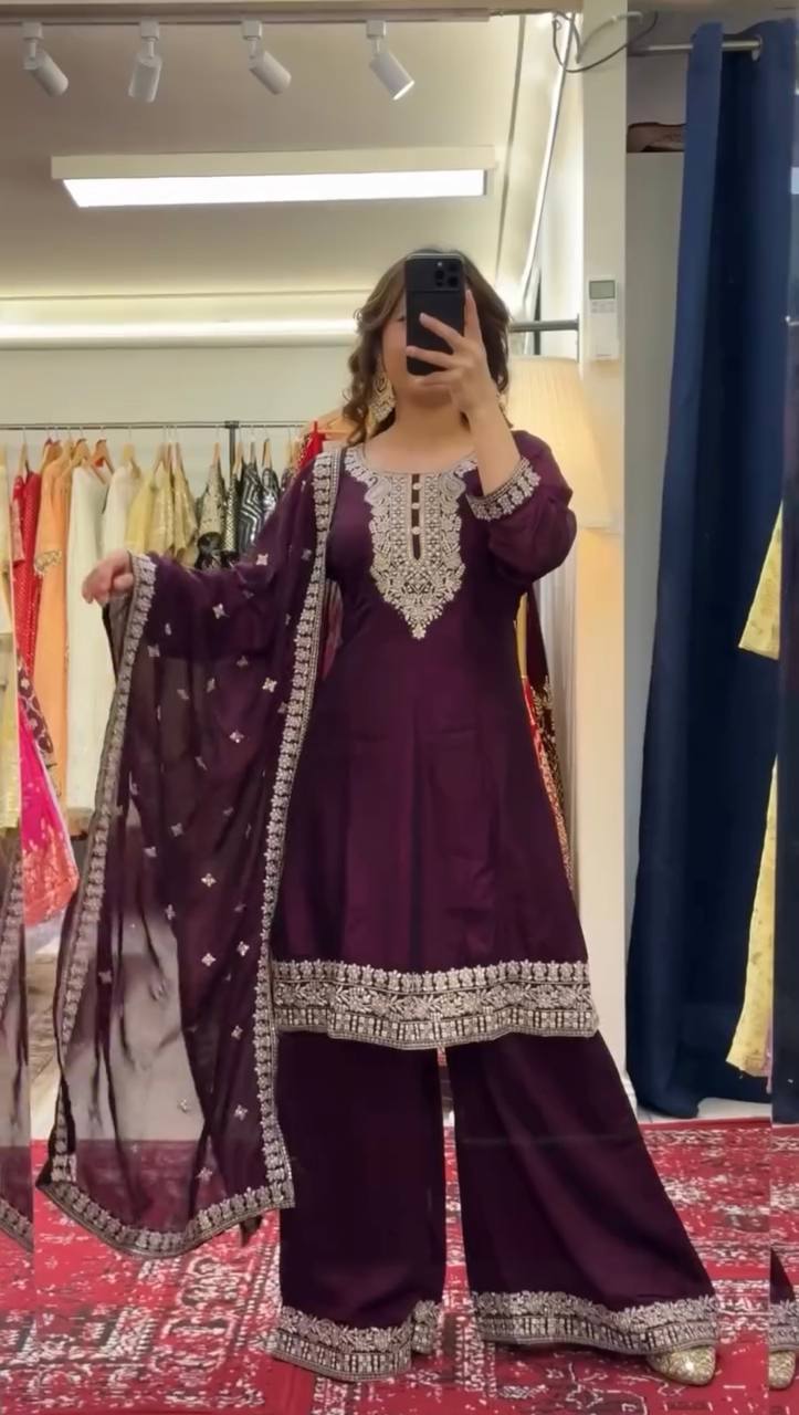 Purple Elegant Chinon Silk Sequin Embroidered Suit Set with Dupatta