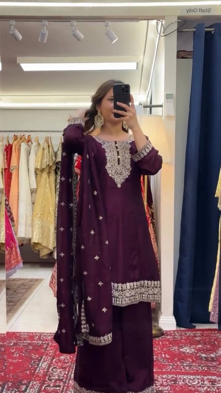 Purple Elegant Chinon Silk Sequin Embroidered Suit Set with Dupatta