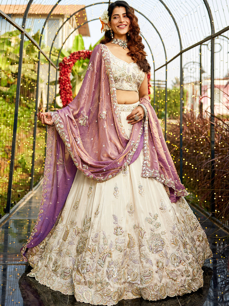 Purple Elegant Cream Viscose Semi-Stitched Lehenga Choli Set with Heavy Sequins & Thread Embroidery Work