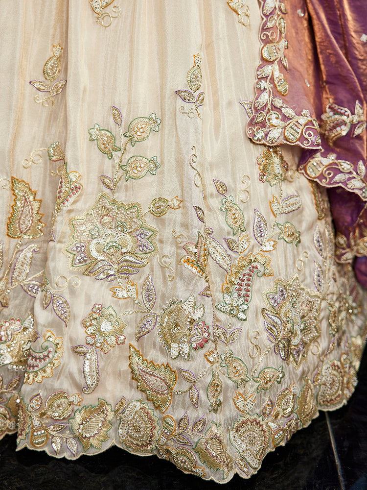 Purple Elegant Cream Viscose Semi-Stitched Lehenga Choli Set with Heavy Sequins & Thread Embroidery Work