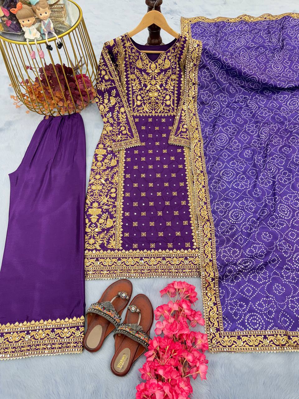 Purple Elegant Designer  Chinon Silk Top, Palazzo & Printed Dupatta Set