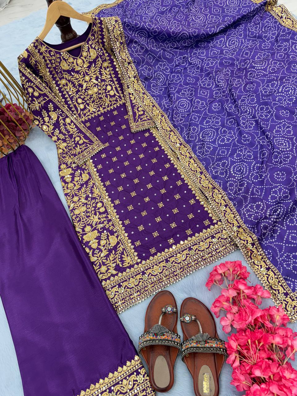Purple Elegant Designer  Chinon Silk Top, Palazzo & Printed Dupatta Set