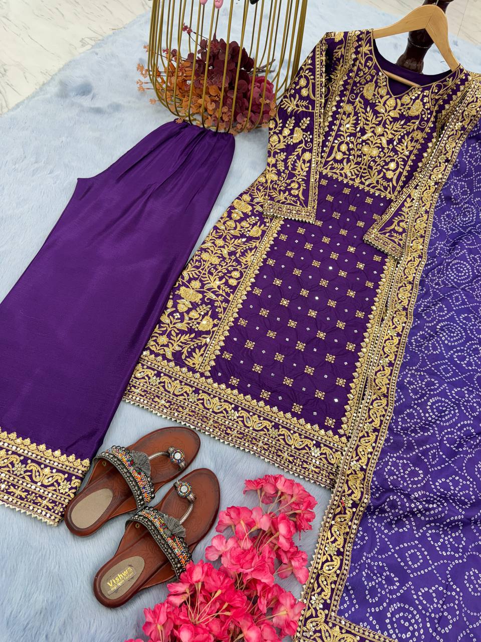 Purple Elegant Designer  Chinon Silk Top, Palazzo & Printed Dupatta Set
