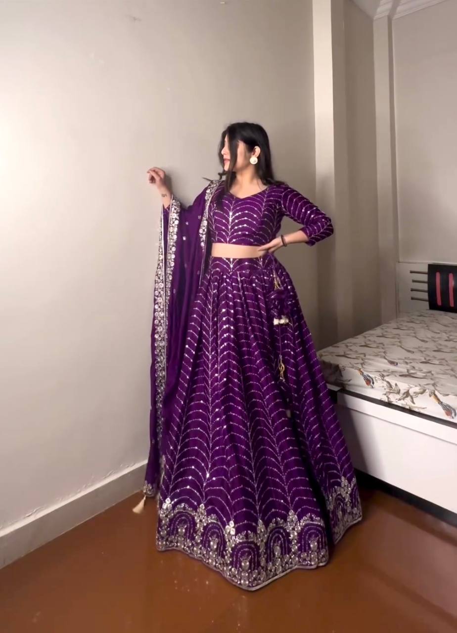 Purple Elegant Designer Lehenga-Choli Set with Embroidery & Sequence Work