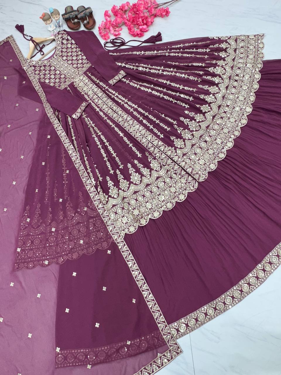 Purple Elegant Designer Party Wear Heavy Faux Georgette Lehenga, Top & Dupatta Set