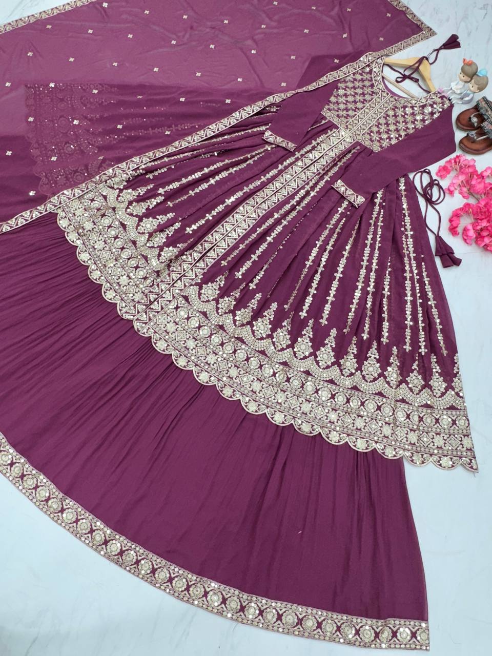 Purple Elegant Designer Party Wear Heavy Faux Georgette Lehenga, Top & Dupatta Set