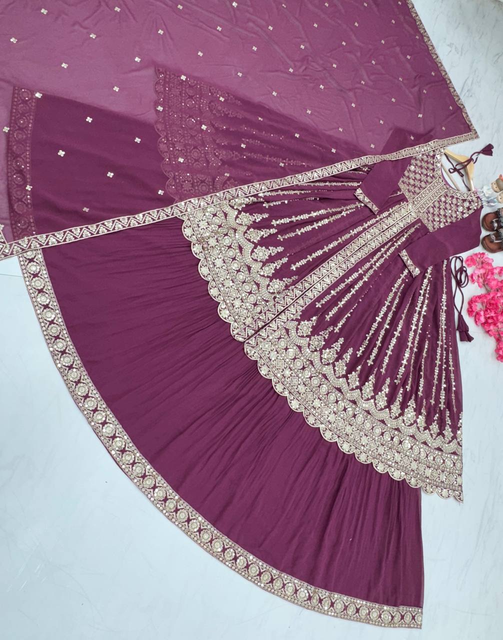 Purple Elegant Designer Party Wear Heavy Faux Georgette Lehenga, Top & Dupatta Set