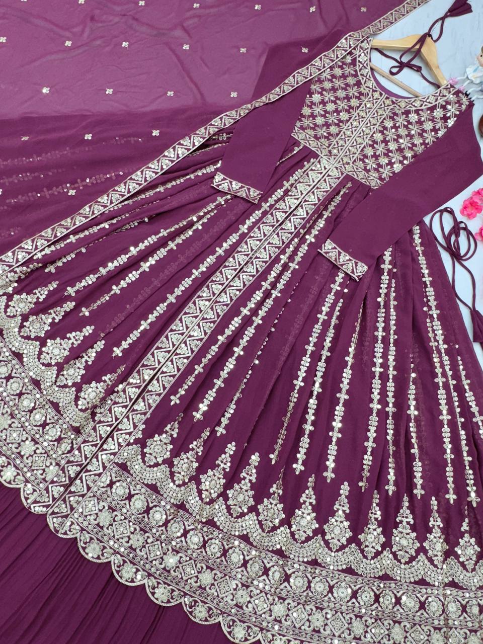 Purple Elegant Designer Party Wear Heavy Faux Georgette Lehenga, Top & Dupatta Set