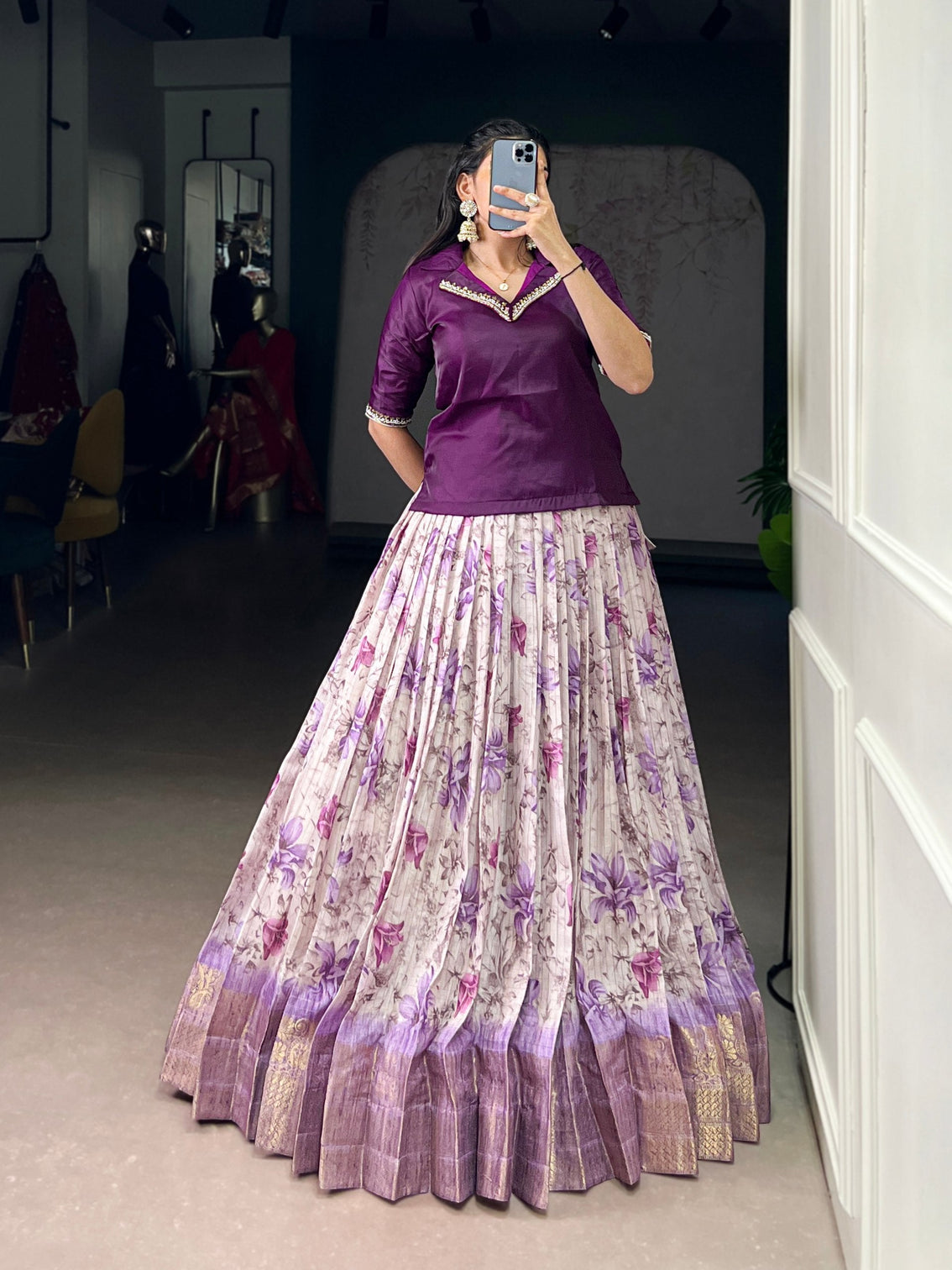 Purple Elegant Dola Chex Floral Printed Lehenga with Zari Weaving and Sequined Banglory Blouse – Stitched Set