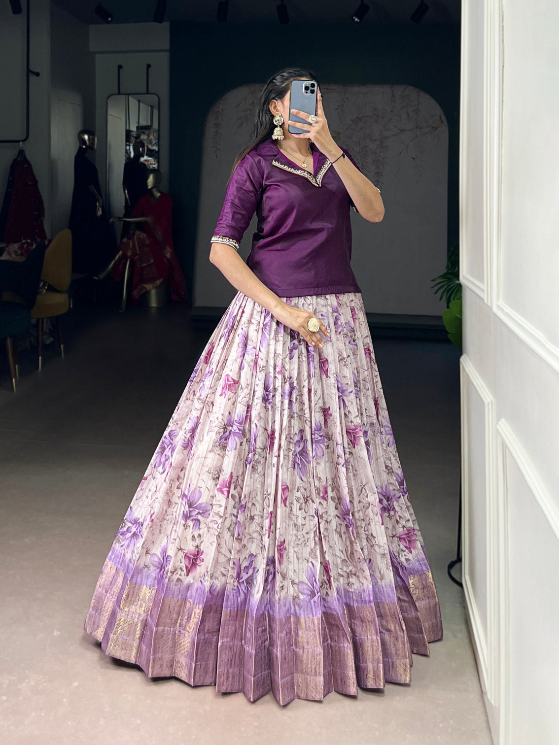Purple Elegant Dola Chex Floral Printed Lehenga with Zari Weaving and Sequined Banglory Blouse – Stitched Set