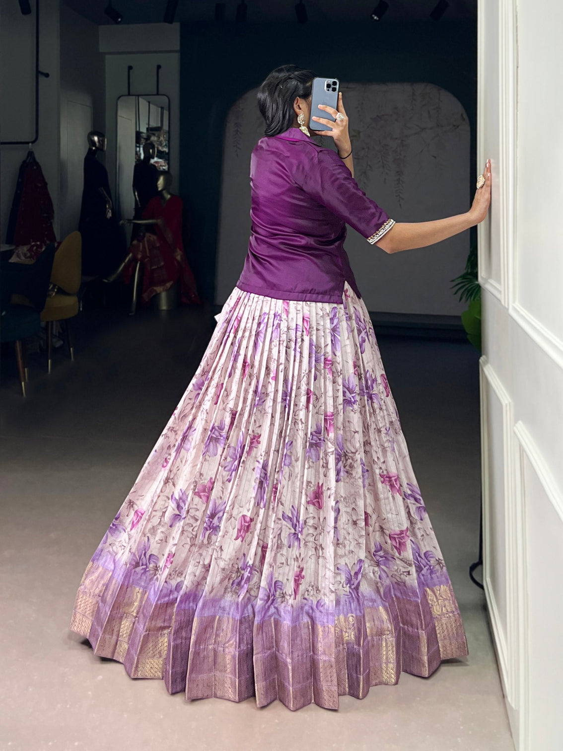 Purple Elegant Dola Chex Floral Printed Lehenga with Zari Weaving and Sequined Banglory Blouse – Stitched Set
