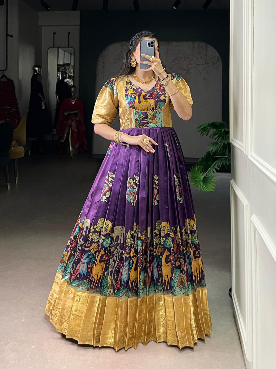 Purple Elegant Dola Silk Pichwai Print Weaving Work Gown – Designer 4-Meter Flair Stitched Gown with Micro Crepe Lining
