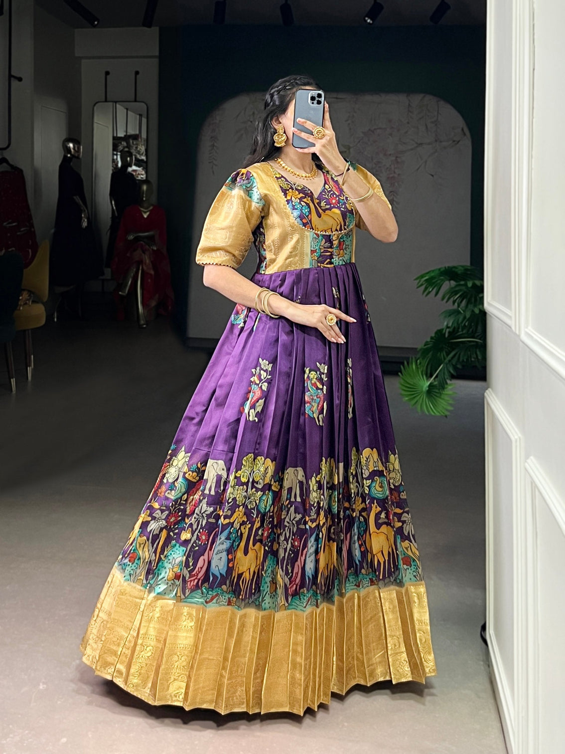 Purple Elegant Dola Silk Pichwai Print Weaving Work Gown – Designer 4-Meter Flair Stitched Gown with Micro Crepe Lining