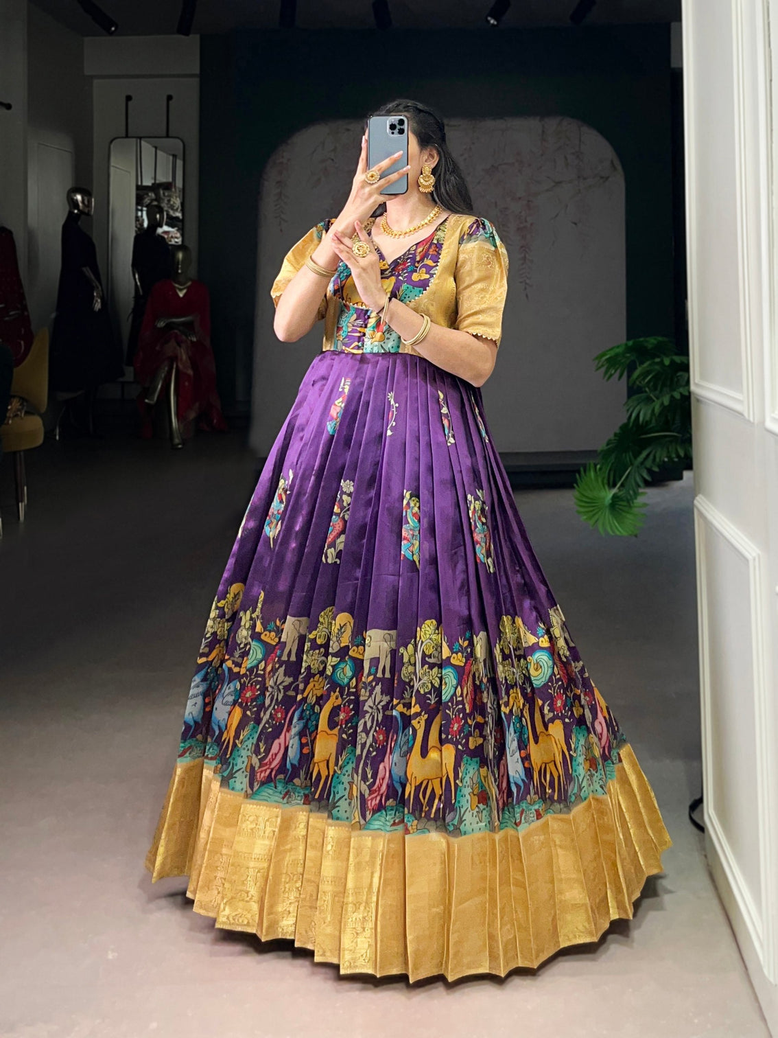 Purple Elegant Dola Silk Pichwai Print Weaving Work Gown – Designer 4-Meter Flair Stitched Gown with Micro Crepe Lining