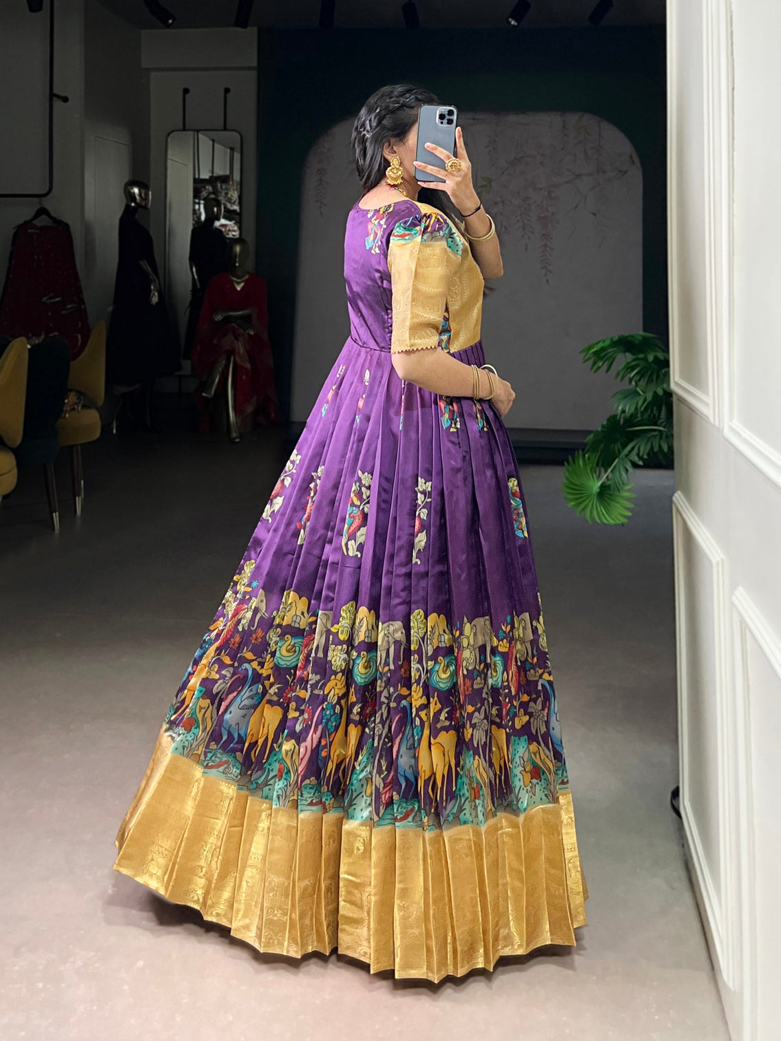 Purple Elegant Dola Silk Pichwai Print Weaving Work Gown – Designer 4-Meter Flair Stitched Gown with Micro Crepe Lining