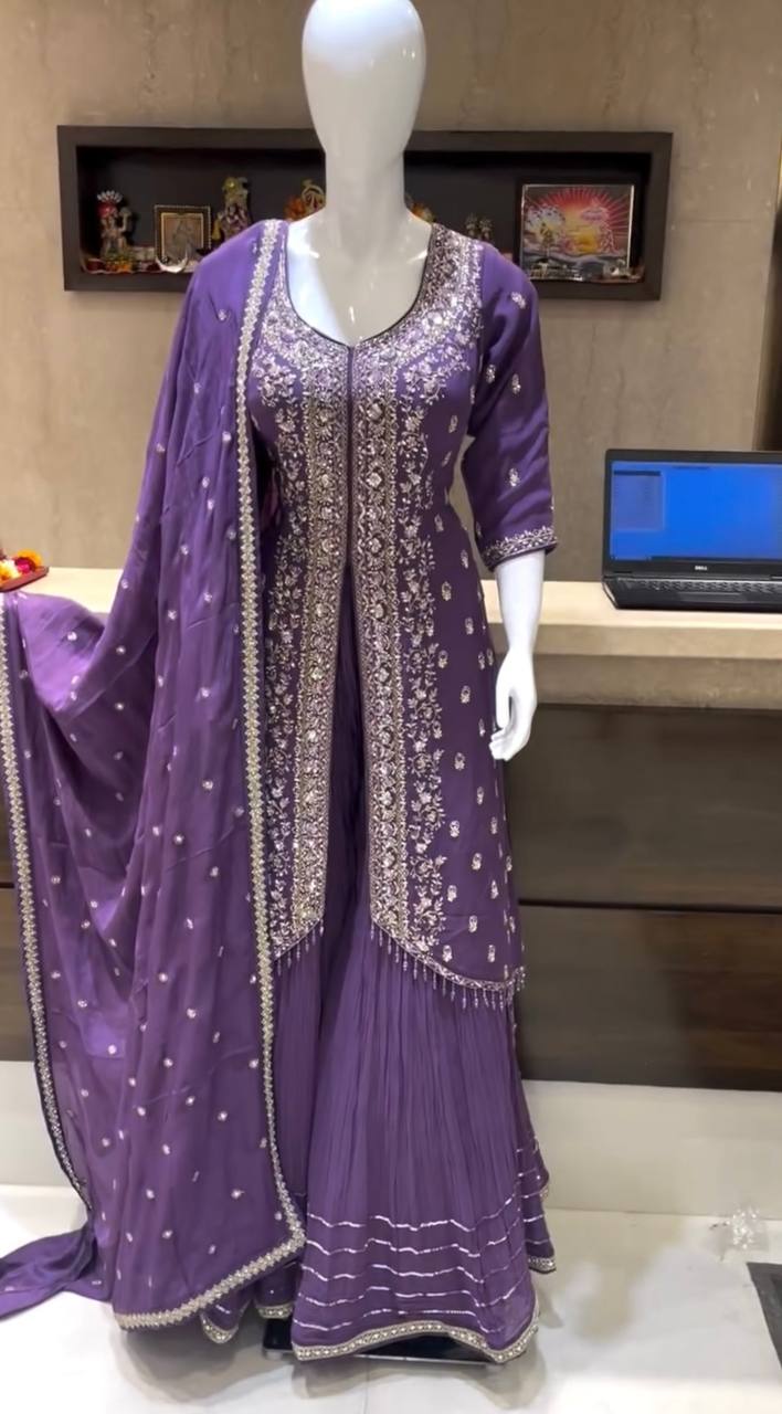 Purple Elegant Embroidered Chinon Silk Sharara Suit Set