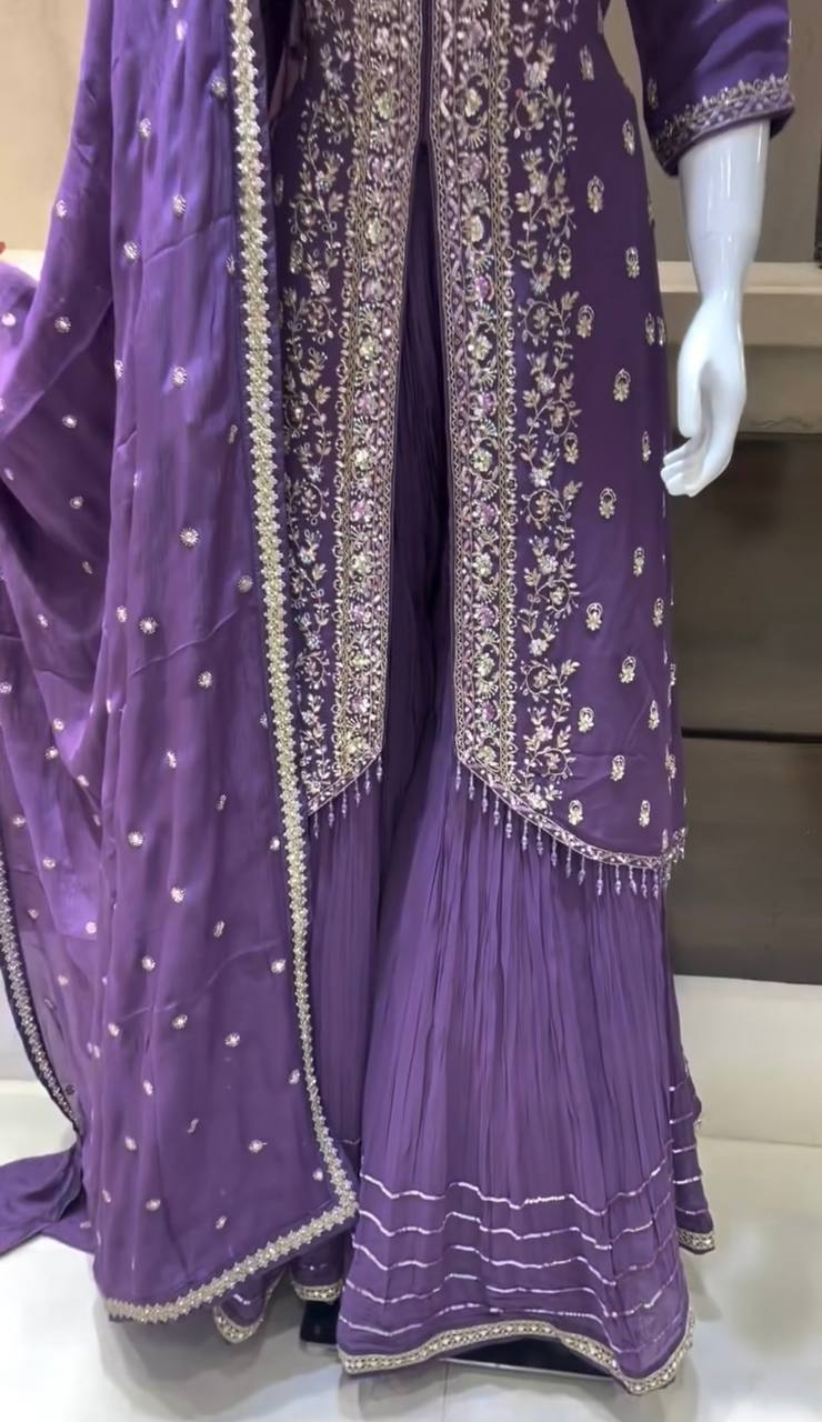Purple Elegant Embroidered Chinon Silk Sharara Suit Set