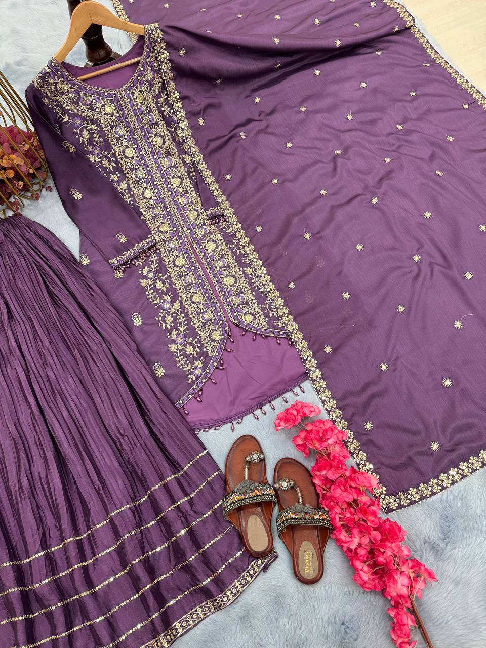 Purple Elegant Embroidered Chinon Silk Sharara Suit Set